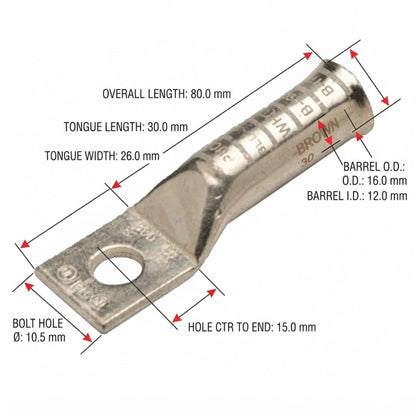 A metal electrical terminal connector shown on a white background with overlaid dimension lines and text labels indicating overall length, tongue length, tongue width, barrel O.D.