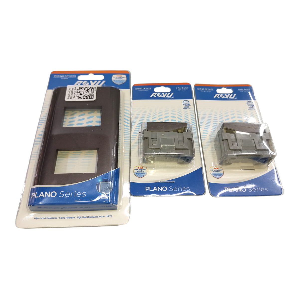 Royu 2 Gang 3 Way Switch 15A 220V with Plate Cover Dark Gray PLANO Series (RMP2/DG)/(RMS3/DG-2PCS)
