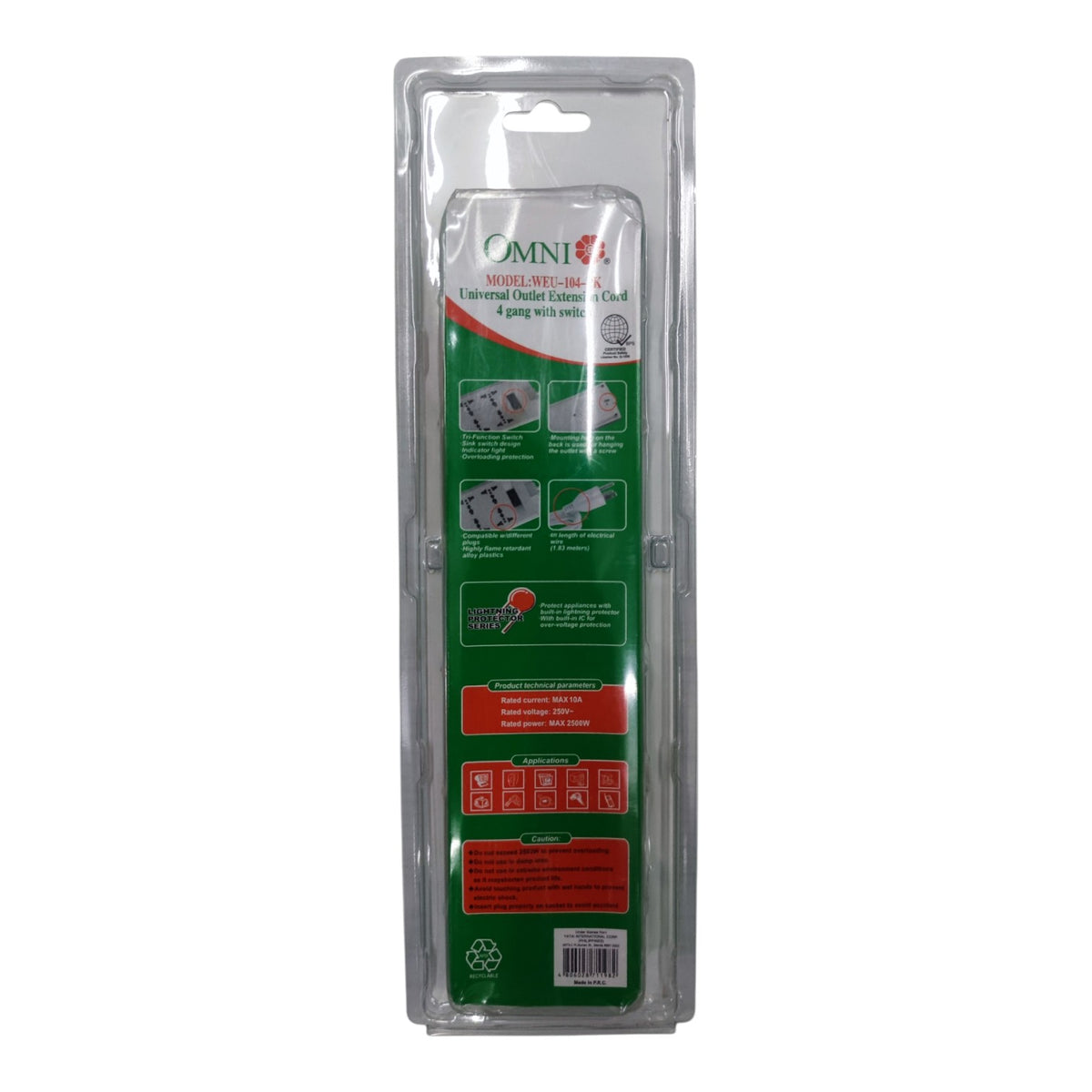 Omni 4 Gang Universal Outlet Extension Cord  with Switch 1.83 Meters Length WEU-104-PK