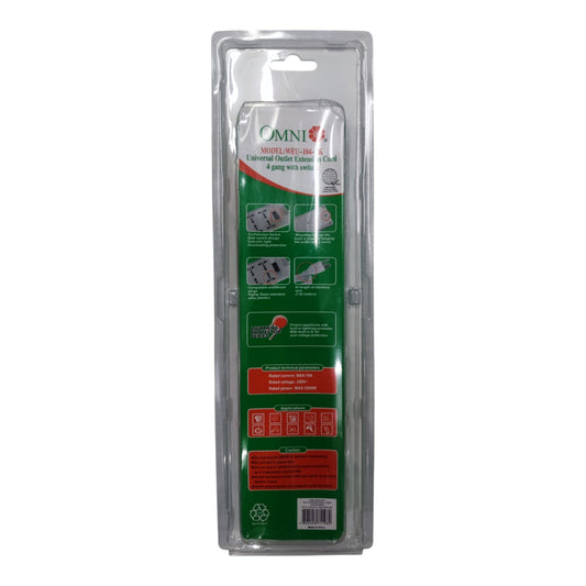 Omni 4 Gang Universal Outlet Extension Cord  with Switch 1.83 Meters Length WEU-104-PK