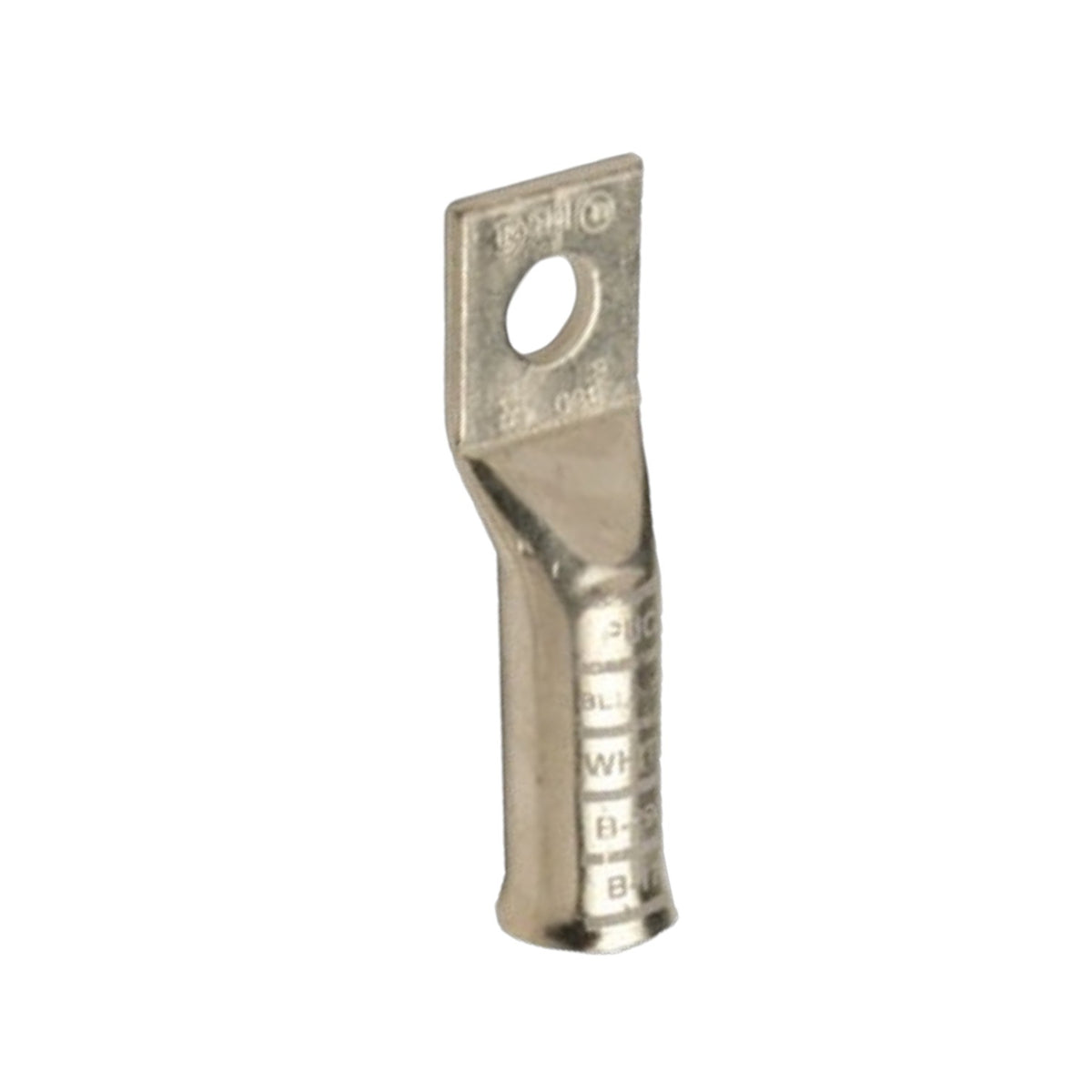 A single metallic electrical terminal lug with a circular hole in the top tab, shown upright on a plain white background.