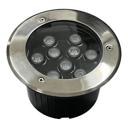 Metallic outdoor light fixture with seven LED lights on a white background