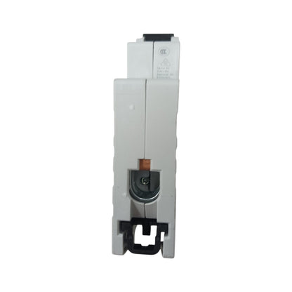 A white electrical circuit breaker or terminal block component with black plastic end caps and a small copper-colored center contact, shown against a plain white background.