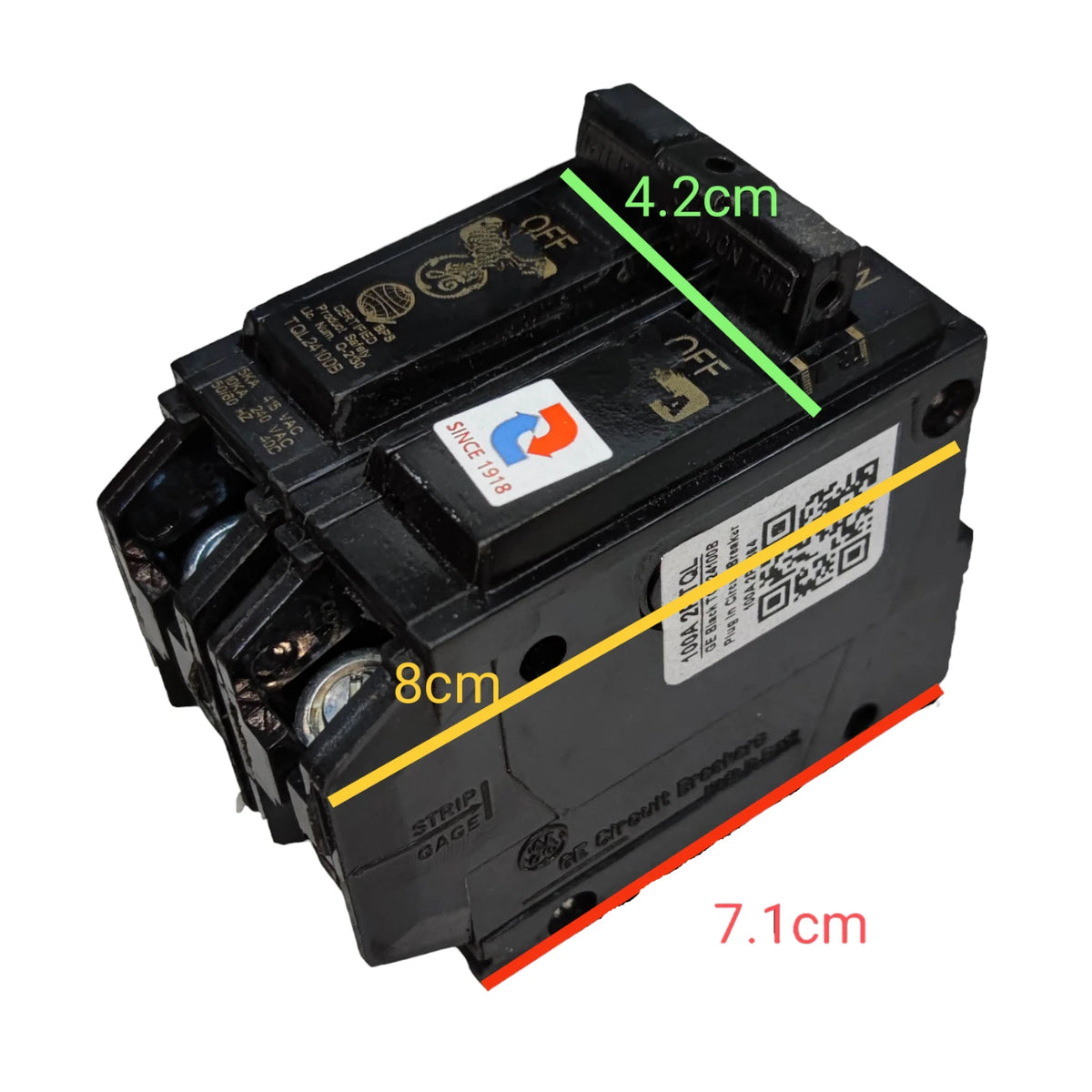 GE 100A circuit breaker TQL 10KAIC with dimensions 8cm by 7.1cm by 4.2cm for electrical safety