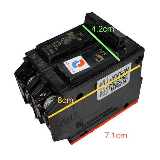 GE 100A circuit breaker TQL 10KAIC with dimensions 8cm by 7.1cm by 4.2cm for electrical safety