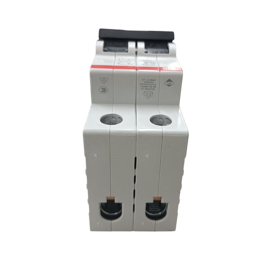 A two-pole modular circuit breaker with a white plastic housing, black switch handles, and a red label strip on a plain white background.