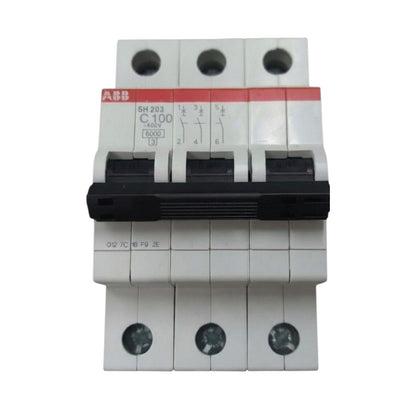 ABB SH203 C63 400V modular circuit breaker with a black front handle and red brand strip, shown on a plain white background.