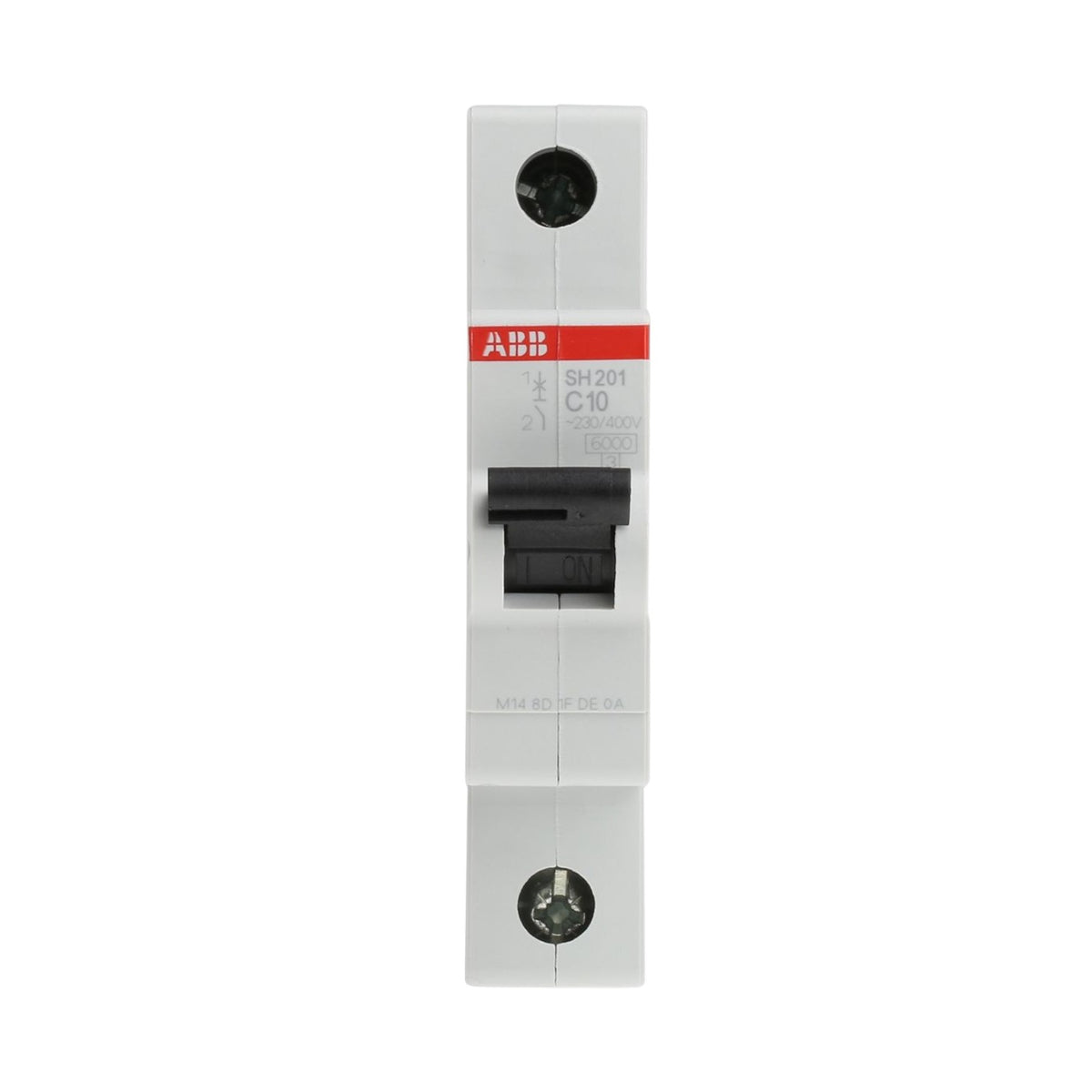 ABB single-pole circuit breaker SH201 C10 3P AC 230V, featuring a white plastic housing, black switch lever, and red ABB logo band on a white background.