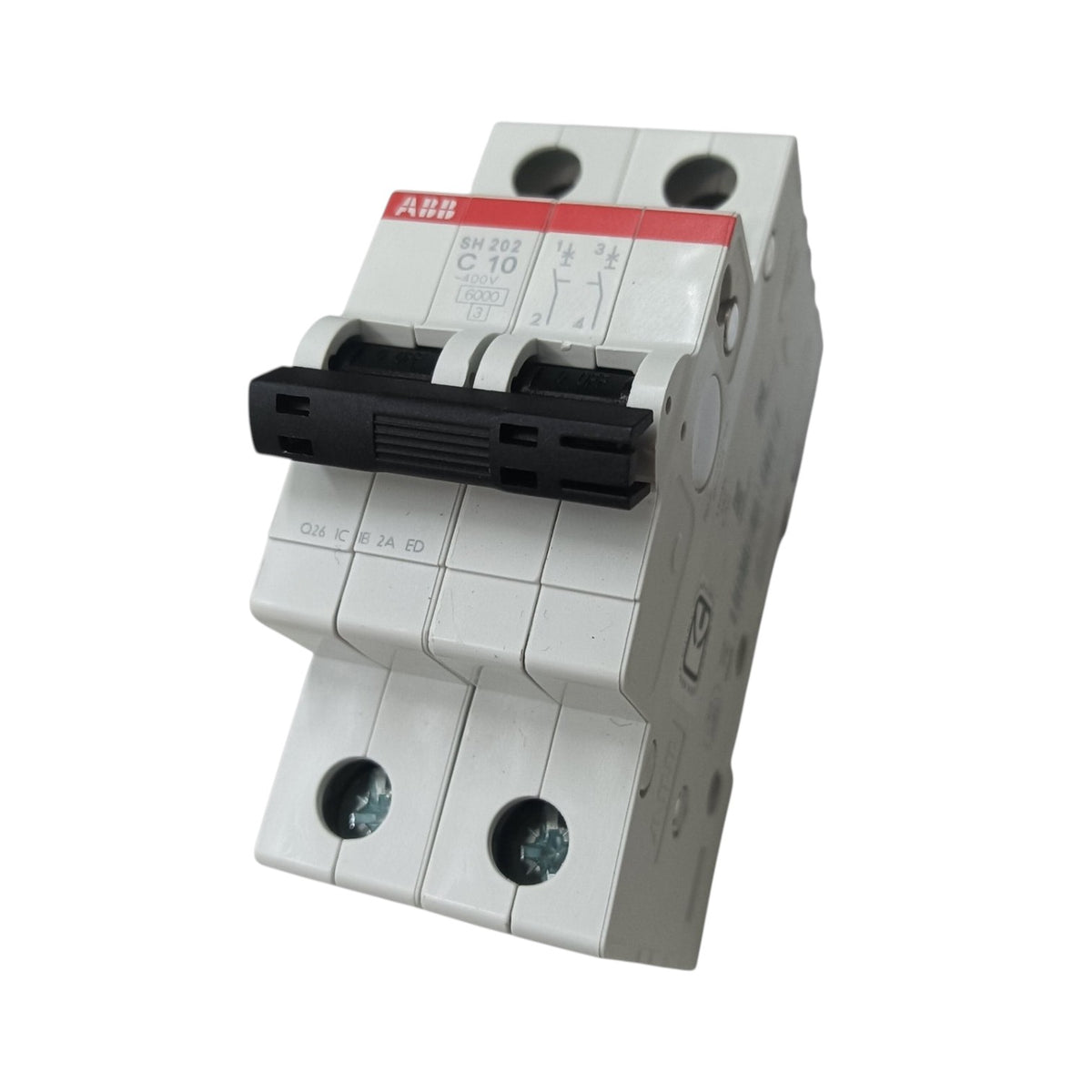 ABB BN 332 C 10 circuit breaker with a black handle and a red label, shown on a plain white background.