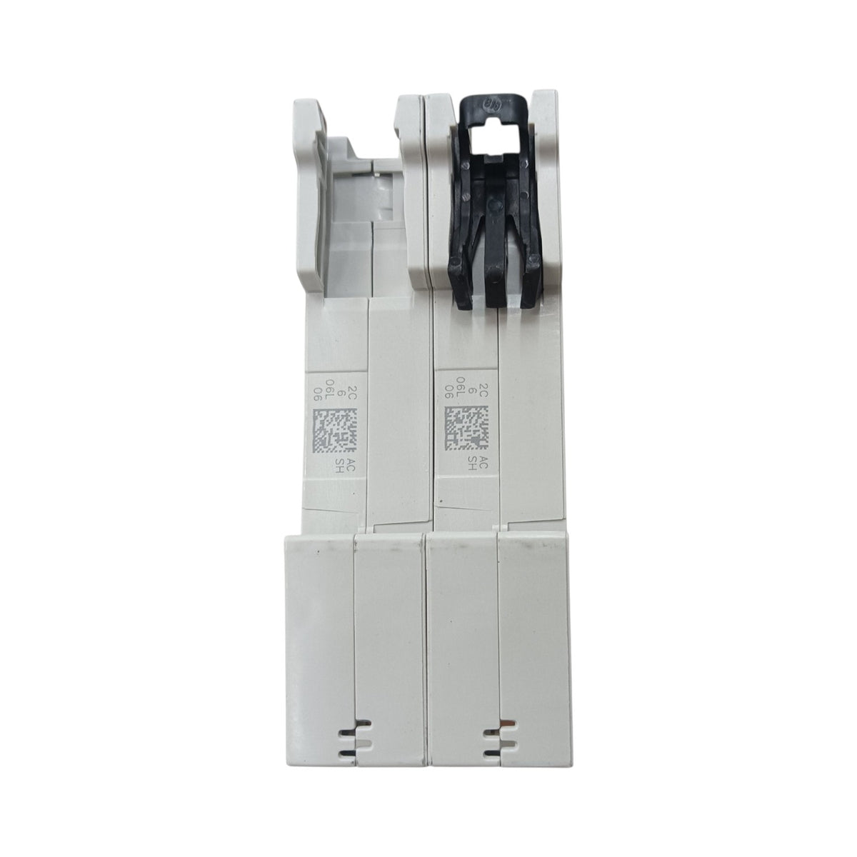 A pair of industrial electrical circuit breakers, likely Siemens ABB components, shown from the front against a plain white background. The main body is white plastic with a black plastic latch mechanism on the right side.