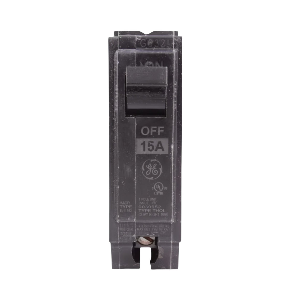 A single GE 15A breaker shown in the OFF position, photographed vertically against a plain white background.