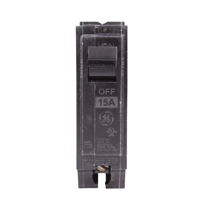 A single GE 15A breaker shown in the OFF position, photographed vertically against a plain white background.
