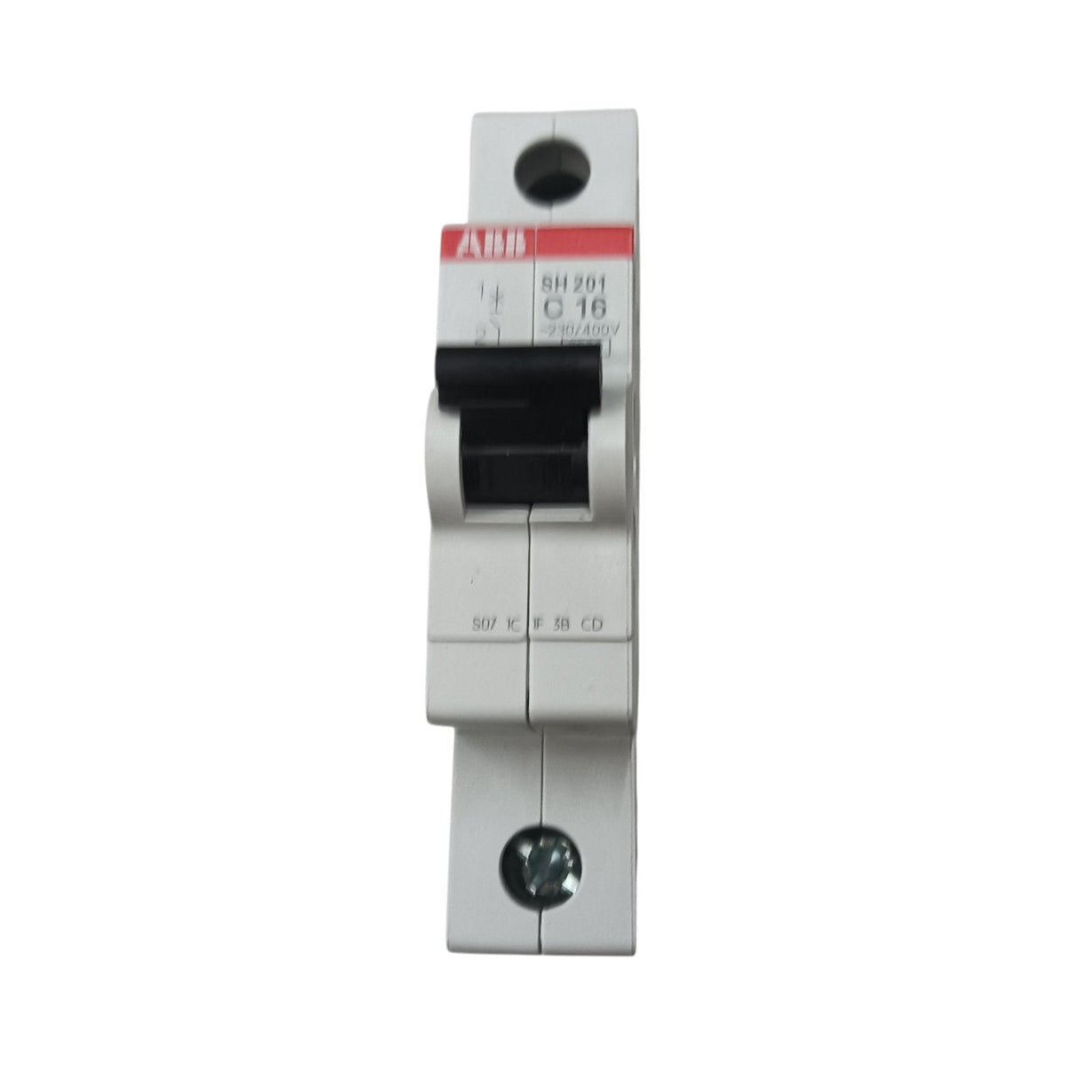 An ABB single-pole circuit breaker, model SH201 C16, shown vertically against a plain white background.