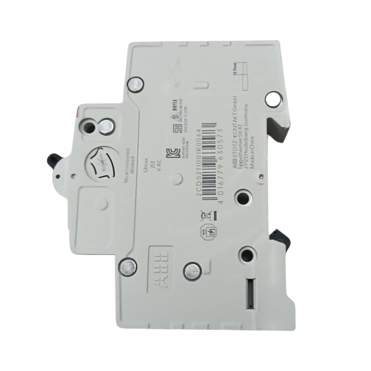 A light gray plastic electrical component or module with printed specifications, barcodes, and mounting holes, photographed on a plain white background.