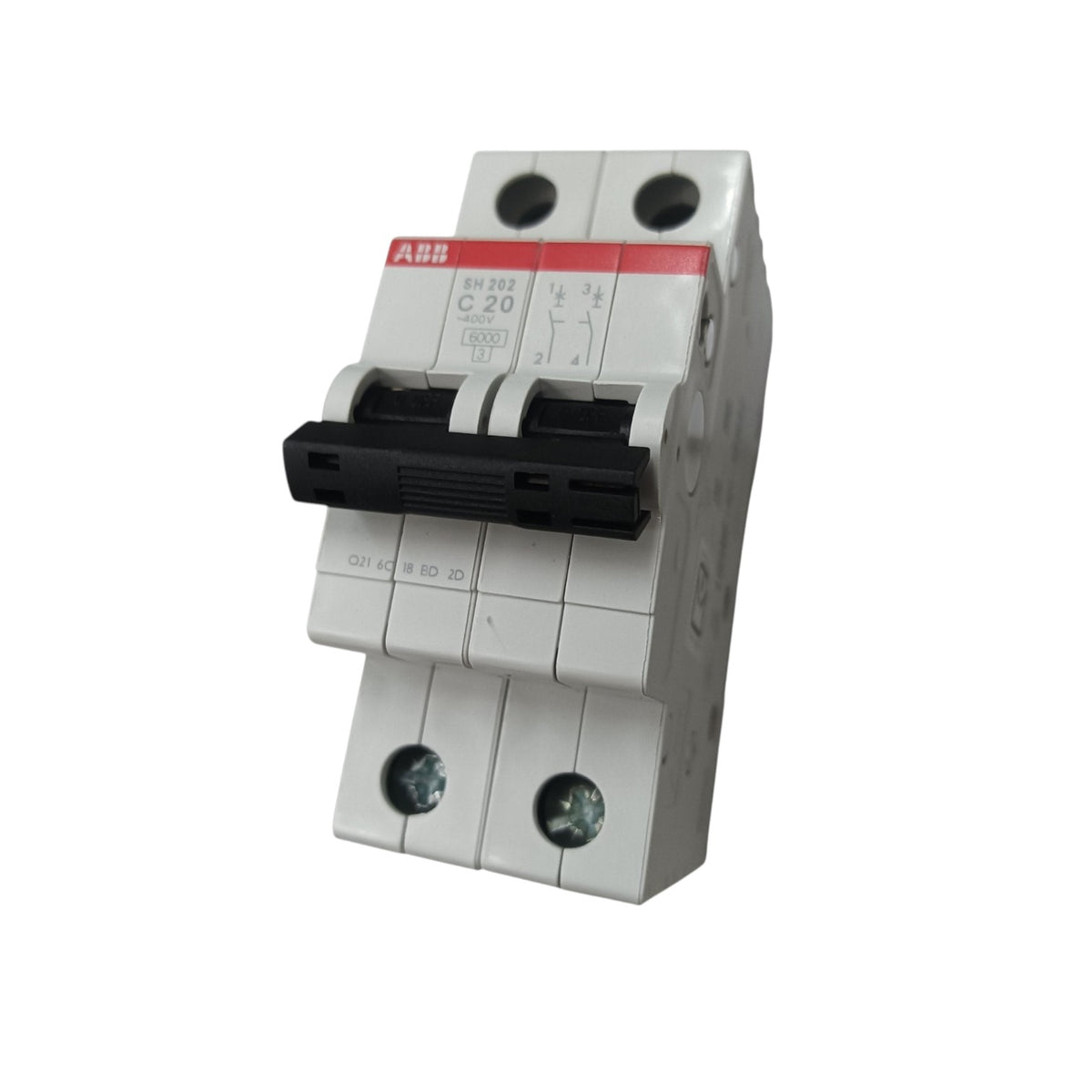 An ABB circuit breaker module, model BN 203, featuring a white plastic housing, a black toggle switch handle, and a red label with product specifications.