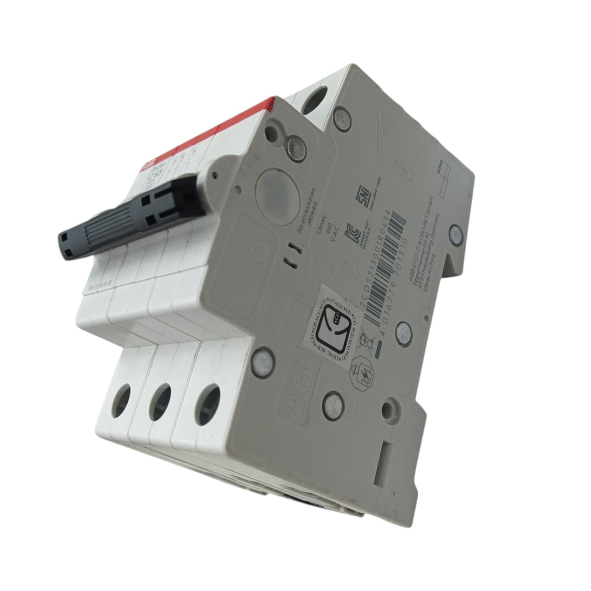 A modular electrical circuit breaker module with a white plastic housing, a black lever handle, and a red accent strip, shown on a plain white background.