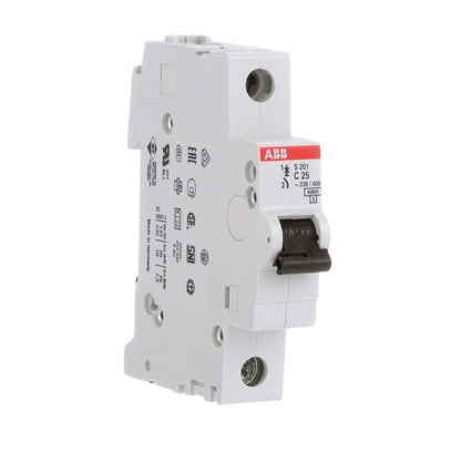 An ABB modular circuit breaker, model C26 16A, shown from a three-quarter angle on a solid white background.