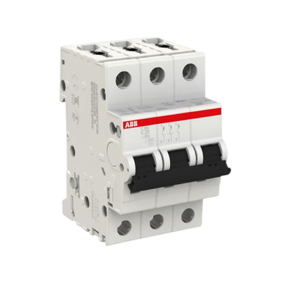 An ABB modular electrical circuit breaker module, featuring a white plastic housing with a red and white brand label and black switch handles, isolated on a white background.