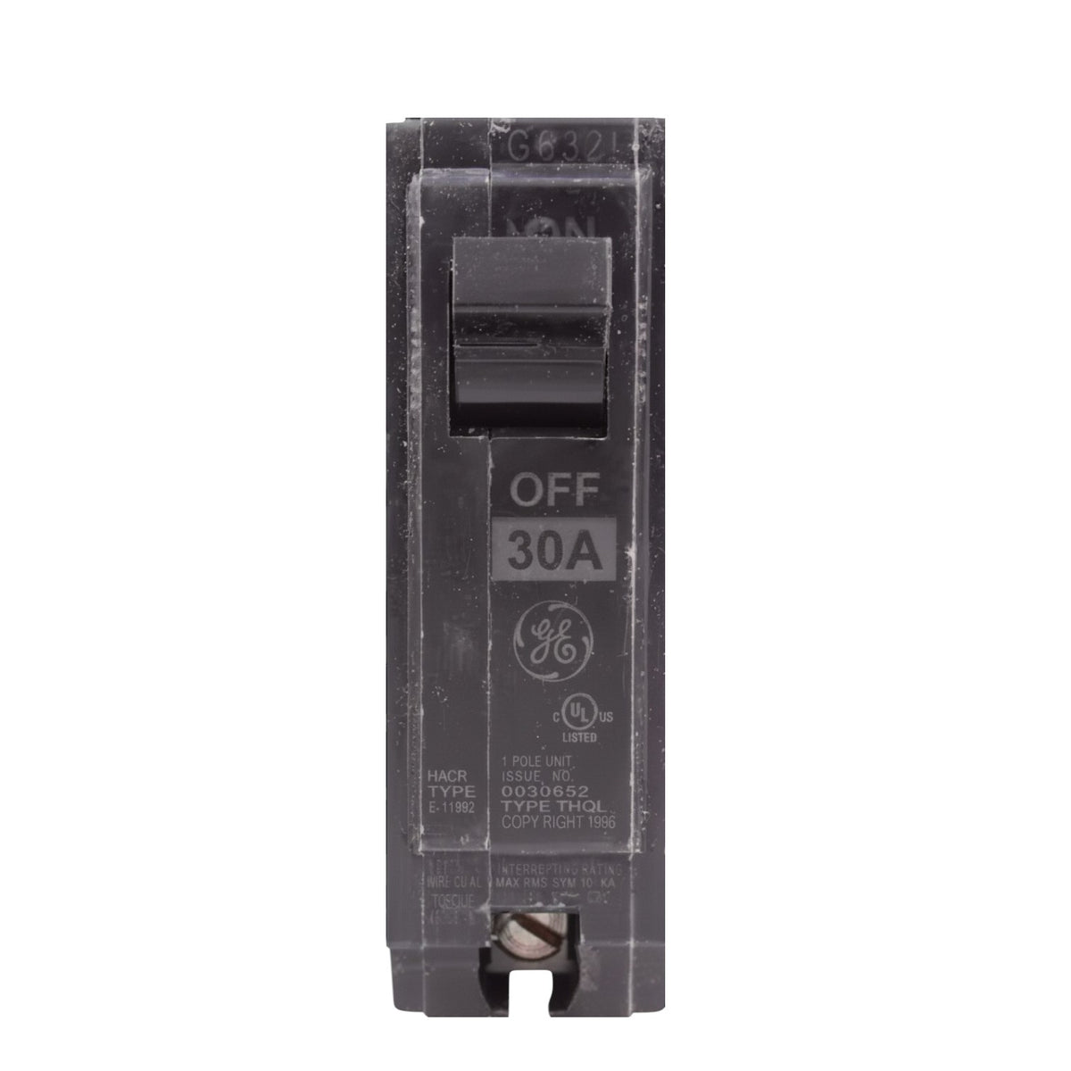 A single GE 30A circuit breaker in the OFF position, shown vertically against a plain white background.