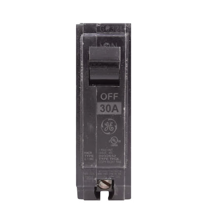 A single GE 30A circuit breaker in the OFF position, shown vertically against a plain white background.
