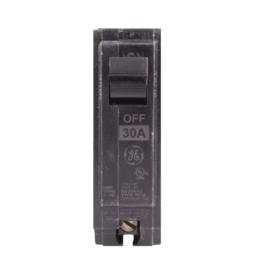 A single GE 30A circuit breaker in the OFF position, shown vertically against a plain white background.