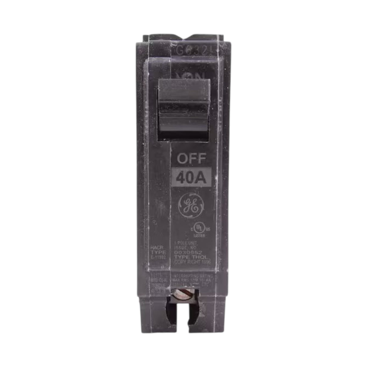 A GE 40A circuit breaker in the OFF position, shown vertically against a plain white background.