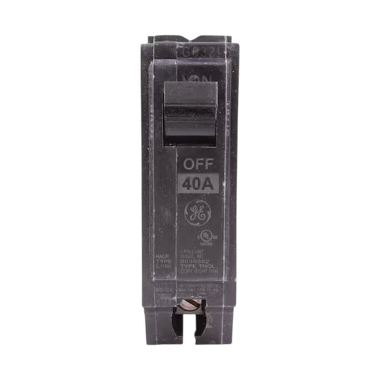 A GE 40A circuit breaker in the OFF position, shown vertically against a plain white background.