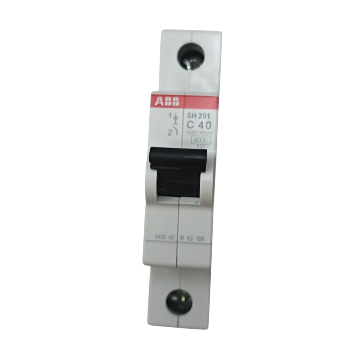 An ABB single-pole circuit breaker, model SM201 C40, with a white plastic housing, black switch lever, and red brand label, shown on a plain white background.