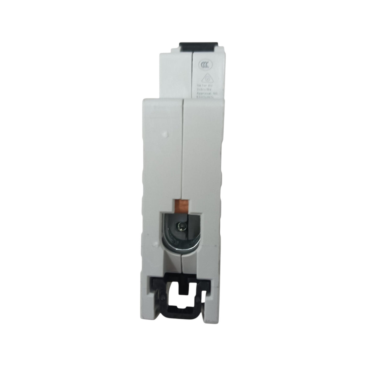 A white electrical circuit breaker or terminal block component with black plastic end caps and a small copper-colored center contact, shown against a plain white background.