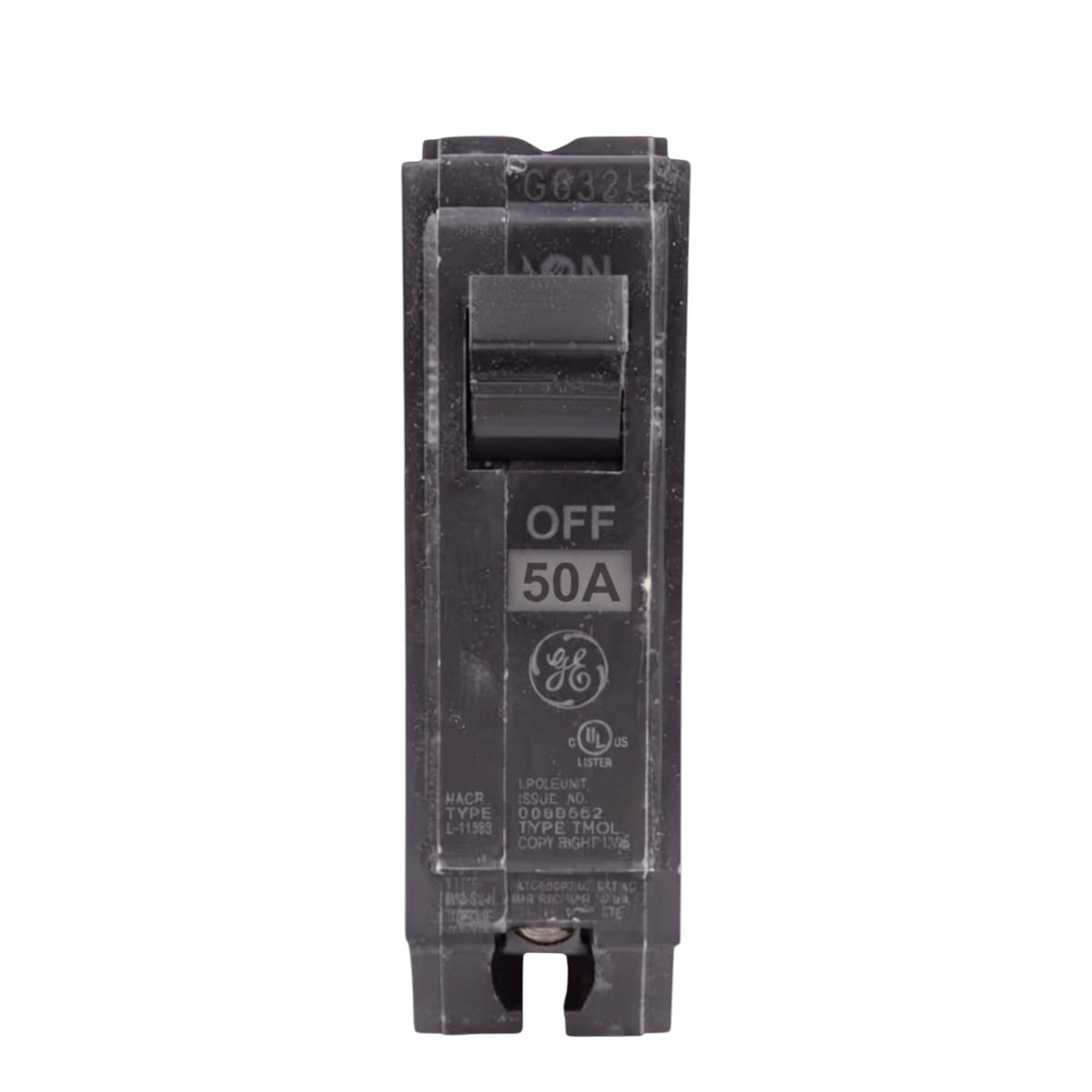 A GE 50A single-pole circuit breaker in the OFF position, shown vertically against a plain white background.