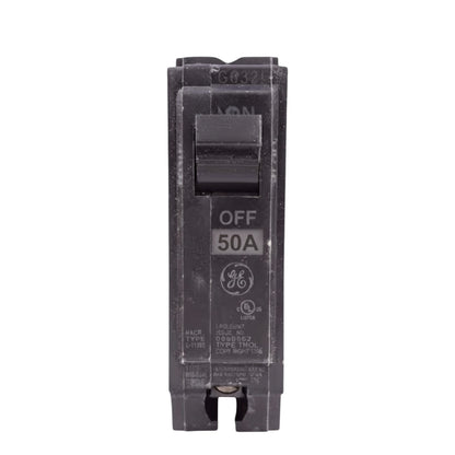 A GE 50A single-pole circuit breaker in the OFF position, shown vertically against a plain white background.