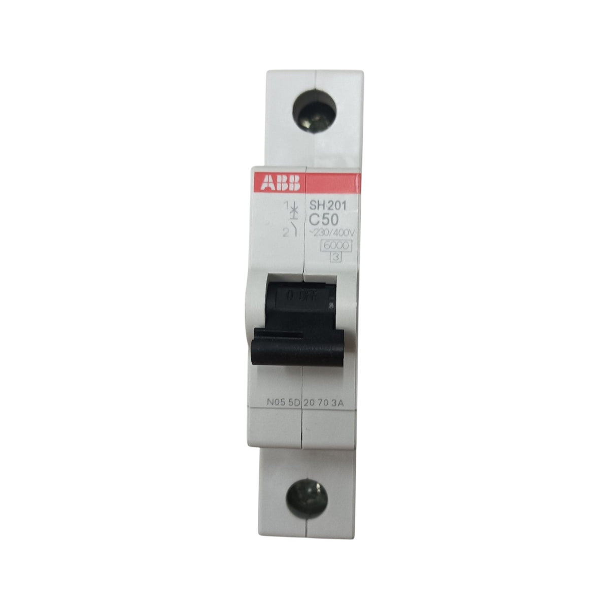 An ABB circuit breaker module, model SH201 C50, with a white plastic housing, a black switch lever, and a red brand label, shown on a plain white background.