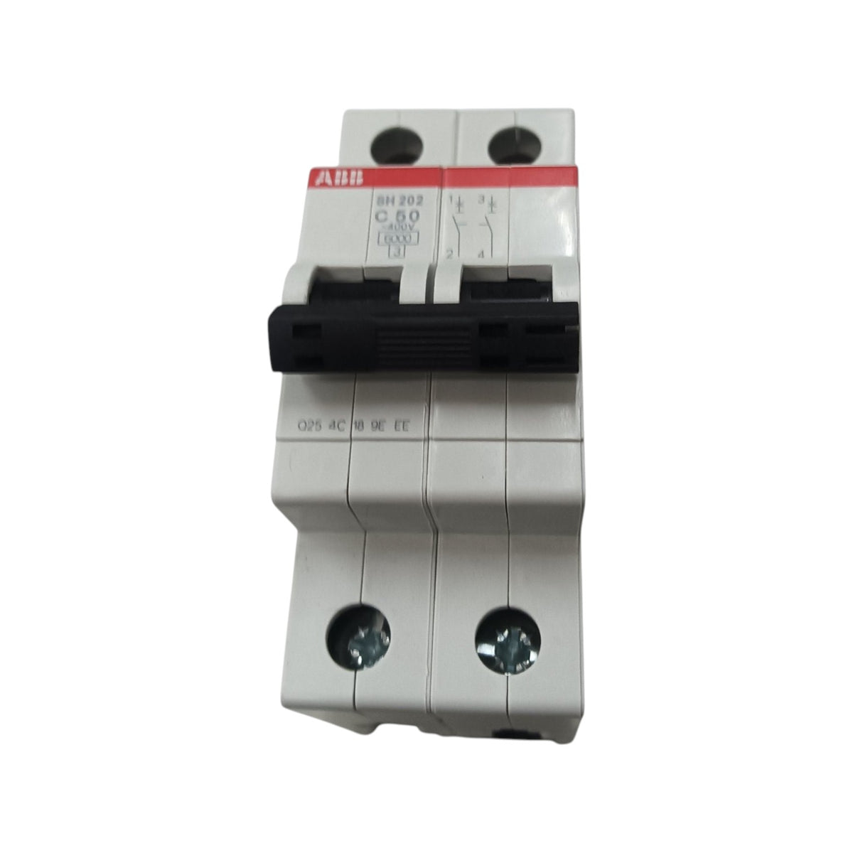 An ABIII brand modular electrical circuit breaker with a white plastic housing, a black lever handle, and a red safety label, shown on a plain white background.