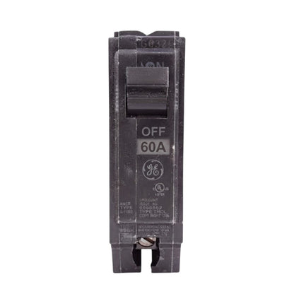 A GE 60A breaker in the OFF position, shown vertically against a plain white background.