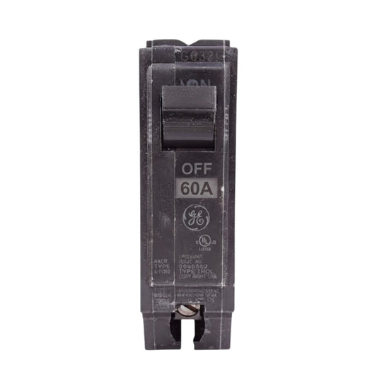 A GE 60A breaker in the OFF position, shown vertically against a plain white background.