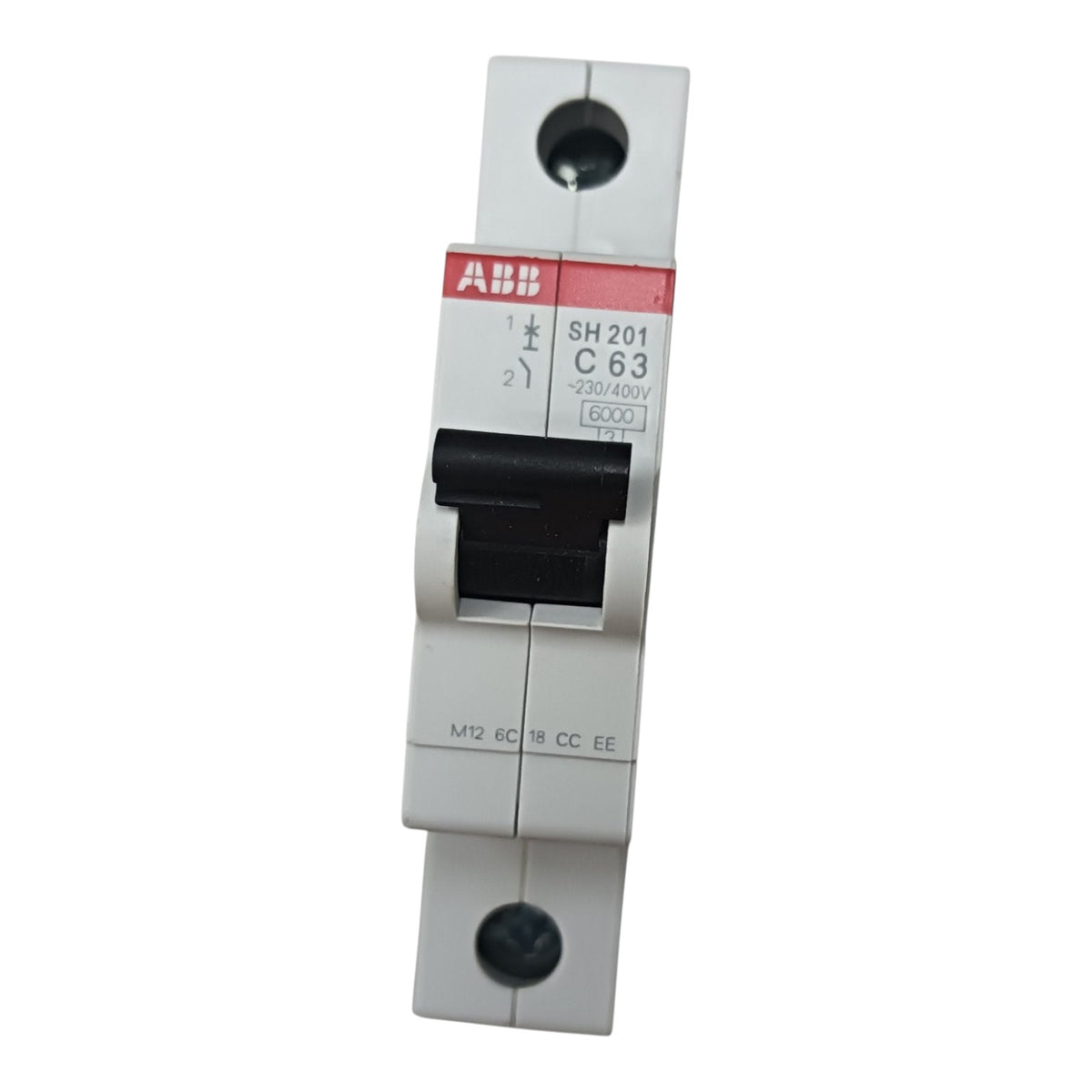 ABB single-pole circuit breaker with a white plastic housing, black switch lever, and a red and white label showing model SH 201 C 63.