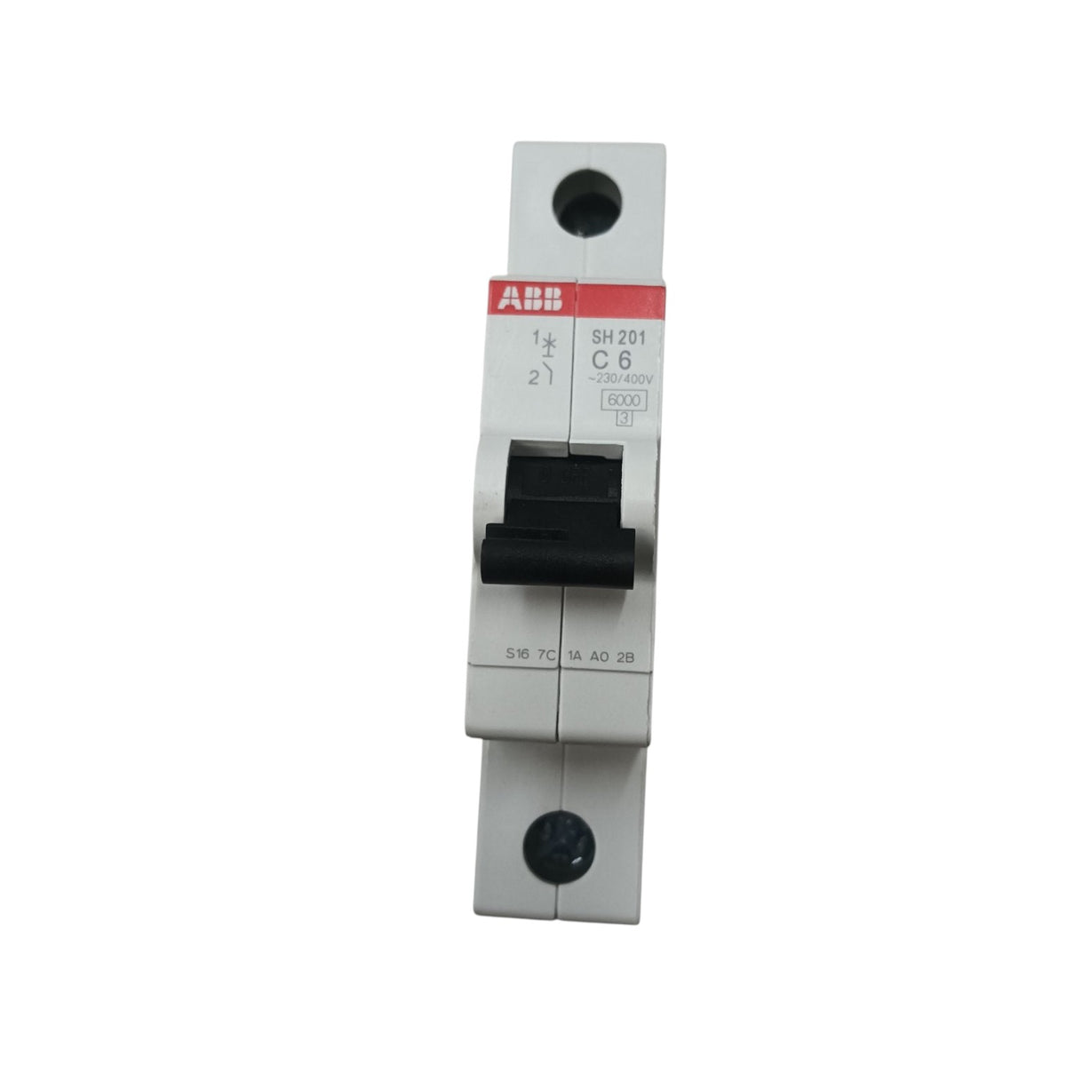 An ABB single-pole circuit breaker with a white plastic housing, black switch handle, and red brand label, shown on a plain white background.