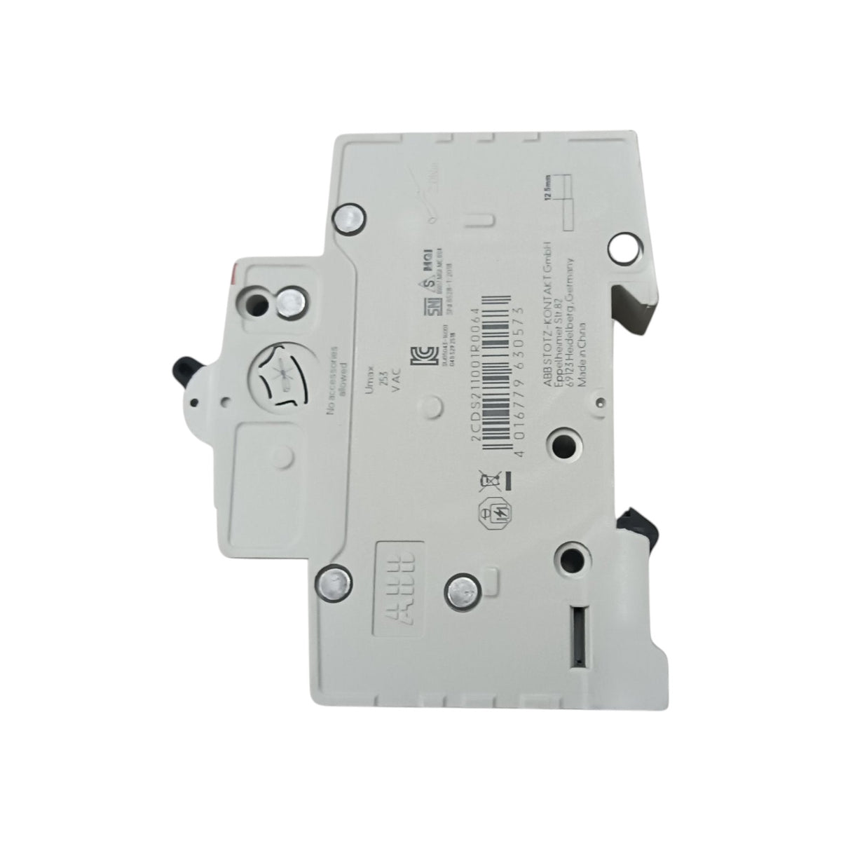 A white plastic electrical component or terminal block with printed technical specifications, a barcode, and mounting holes, shown on a plain white background.