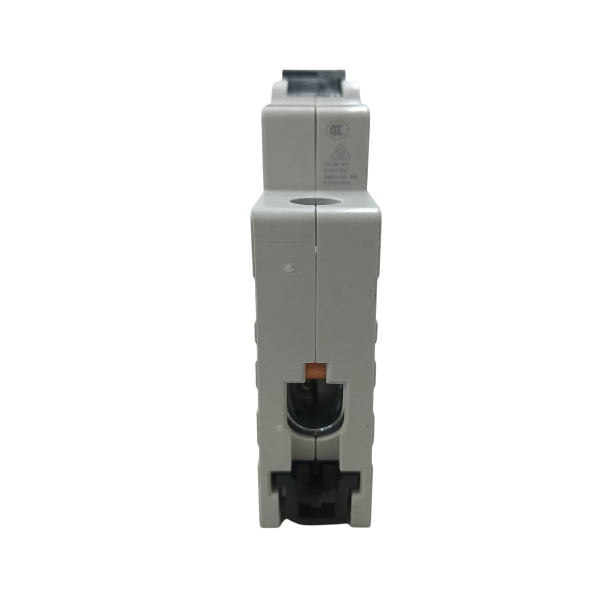 A gray electrical circuit breaker or terminal block component with black plastic end caps and a small orange accent, shown against a plain white background.