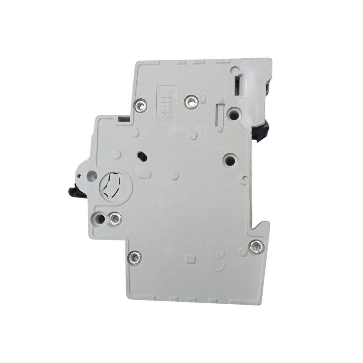 A light gray plastic electrical or electronic component with mounting holes and small black tabs, shown on a plain white background.