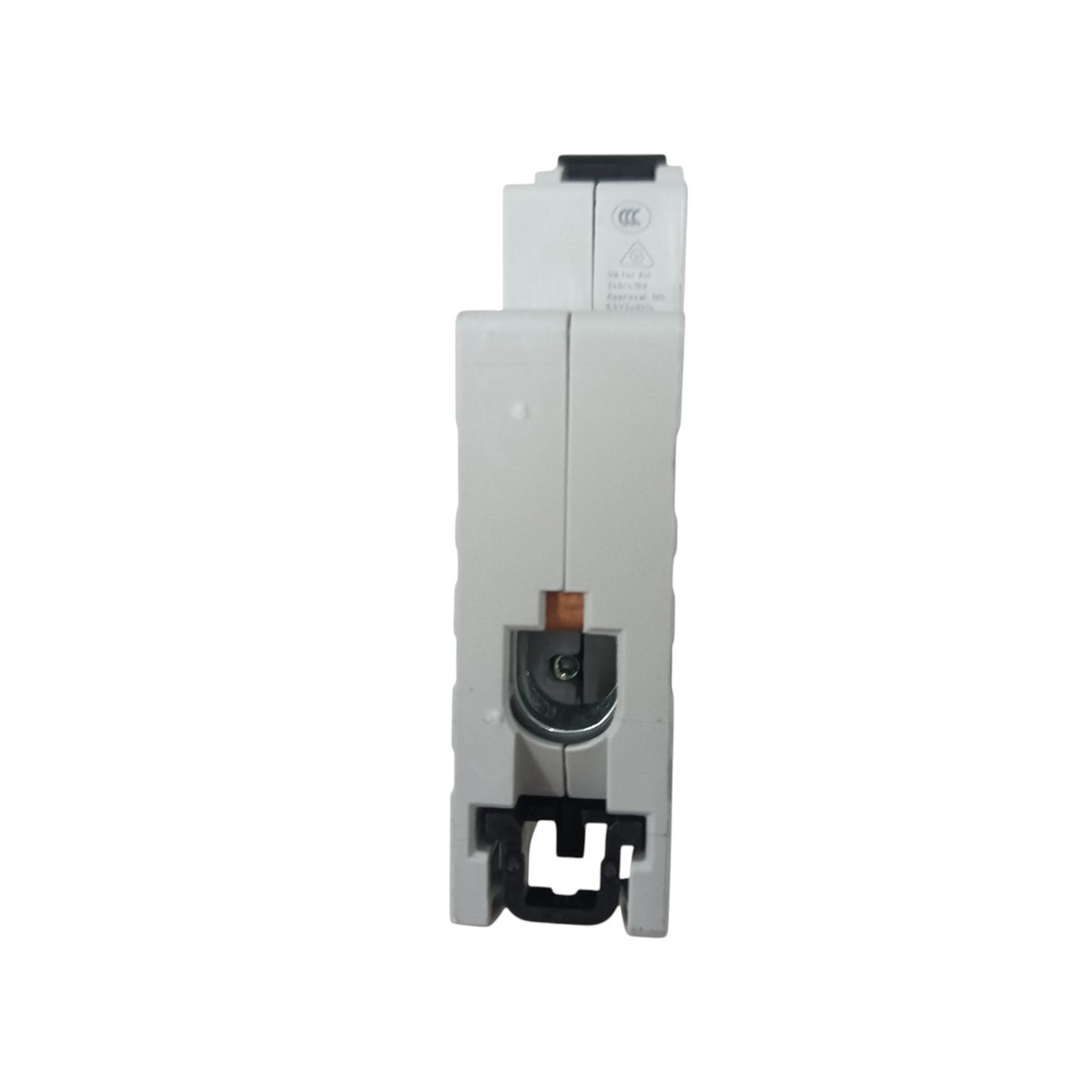A white and black electrical circuit breaker or fuse holder component shown from the front against a plain white background.