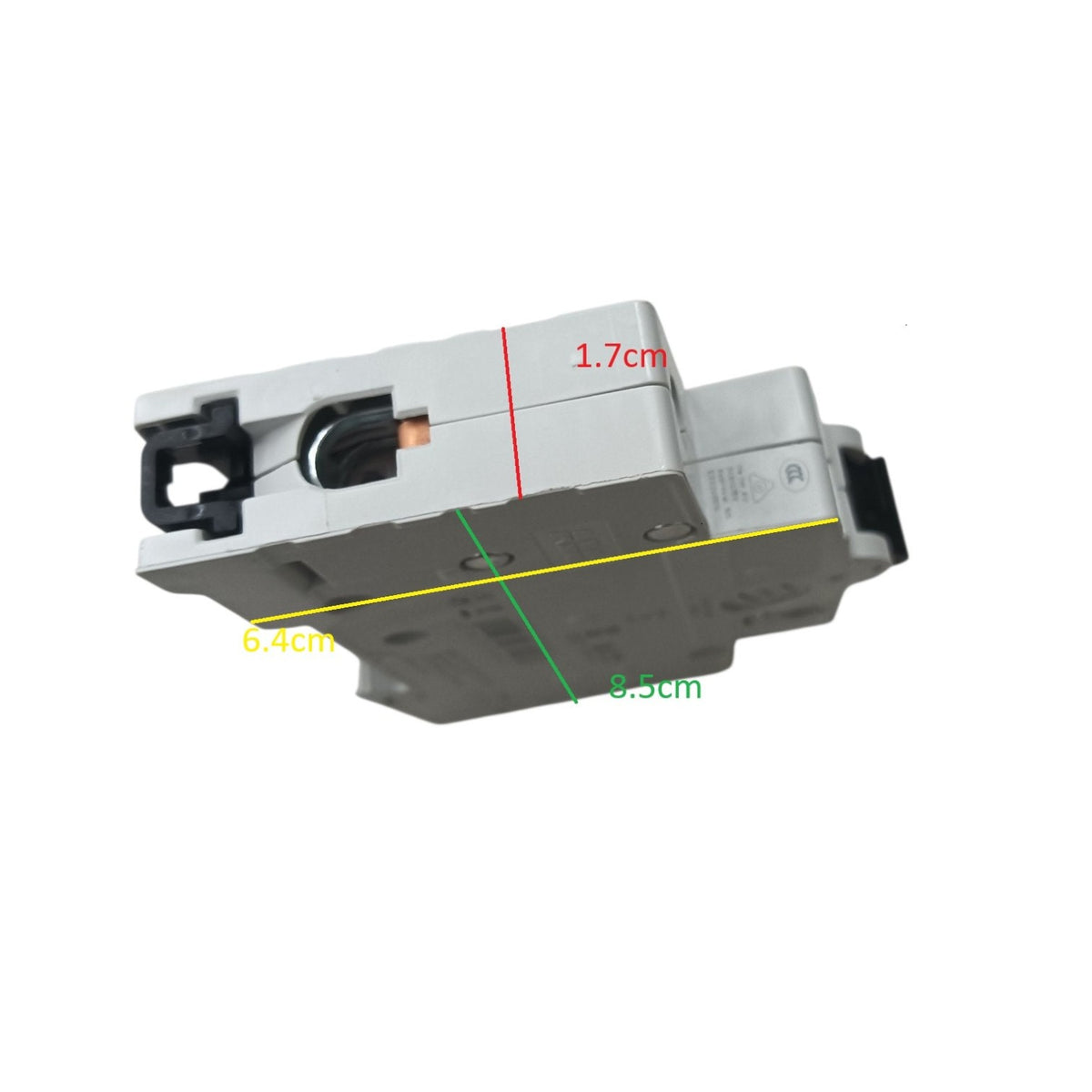 A small gray plastic electrical component or connector shown on a white background with overlaid dimension lines and measurements in red, yellow, and green.