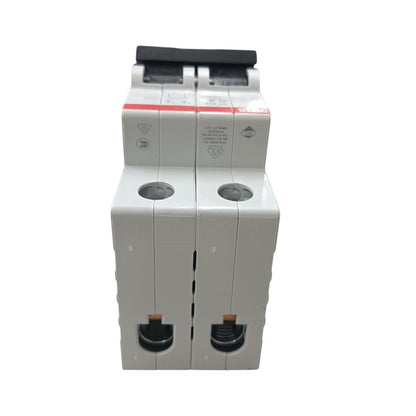 A 2-pole modular circuit breaker with a white plastic housing, black switch handle, and red safety strip on a white background.