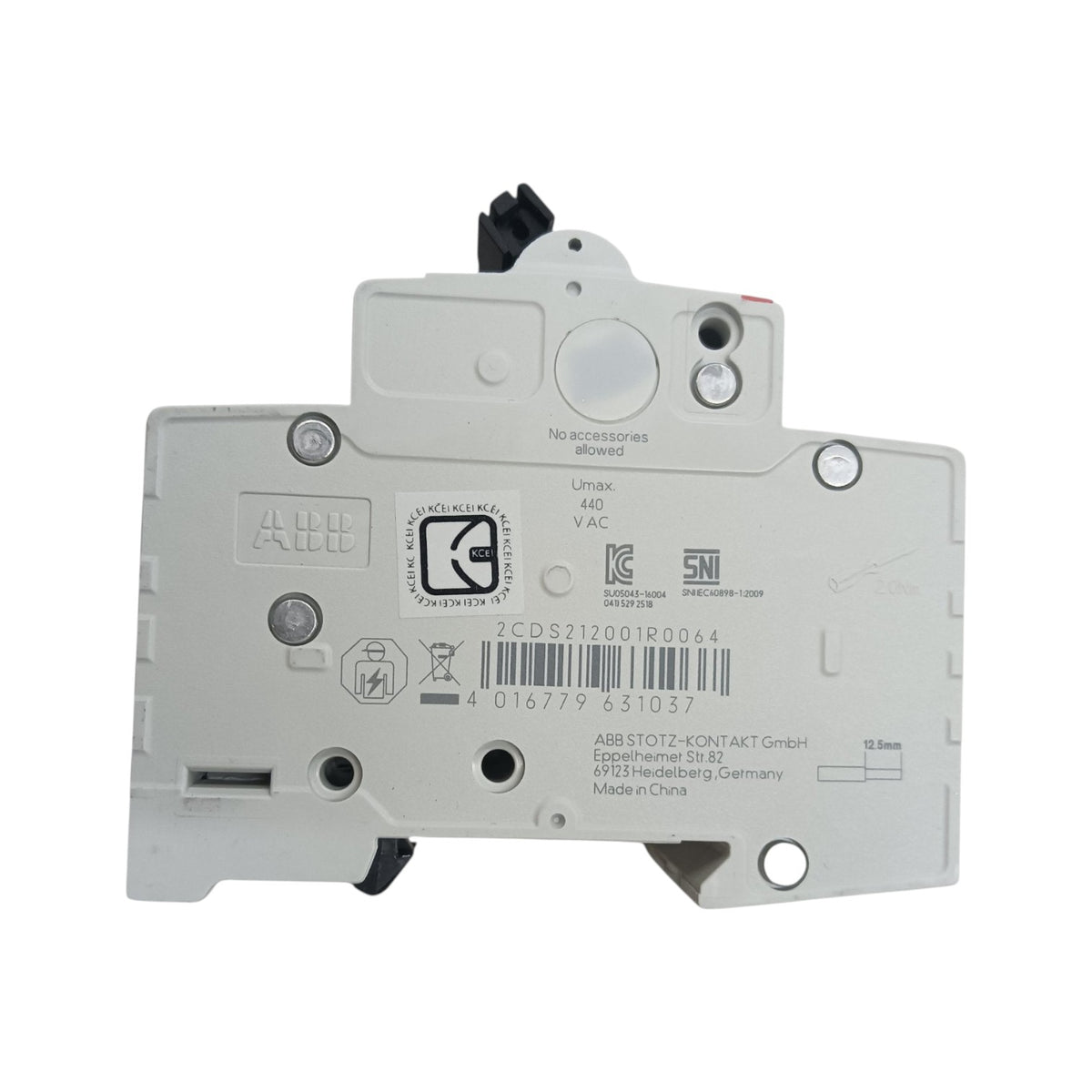 A light gray plastic electrical contact module with printed specifications, barcodes, and certification marks, photographed on a plain white background.