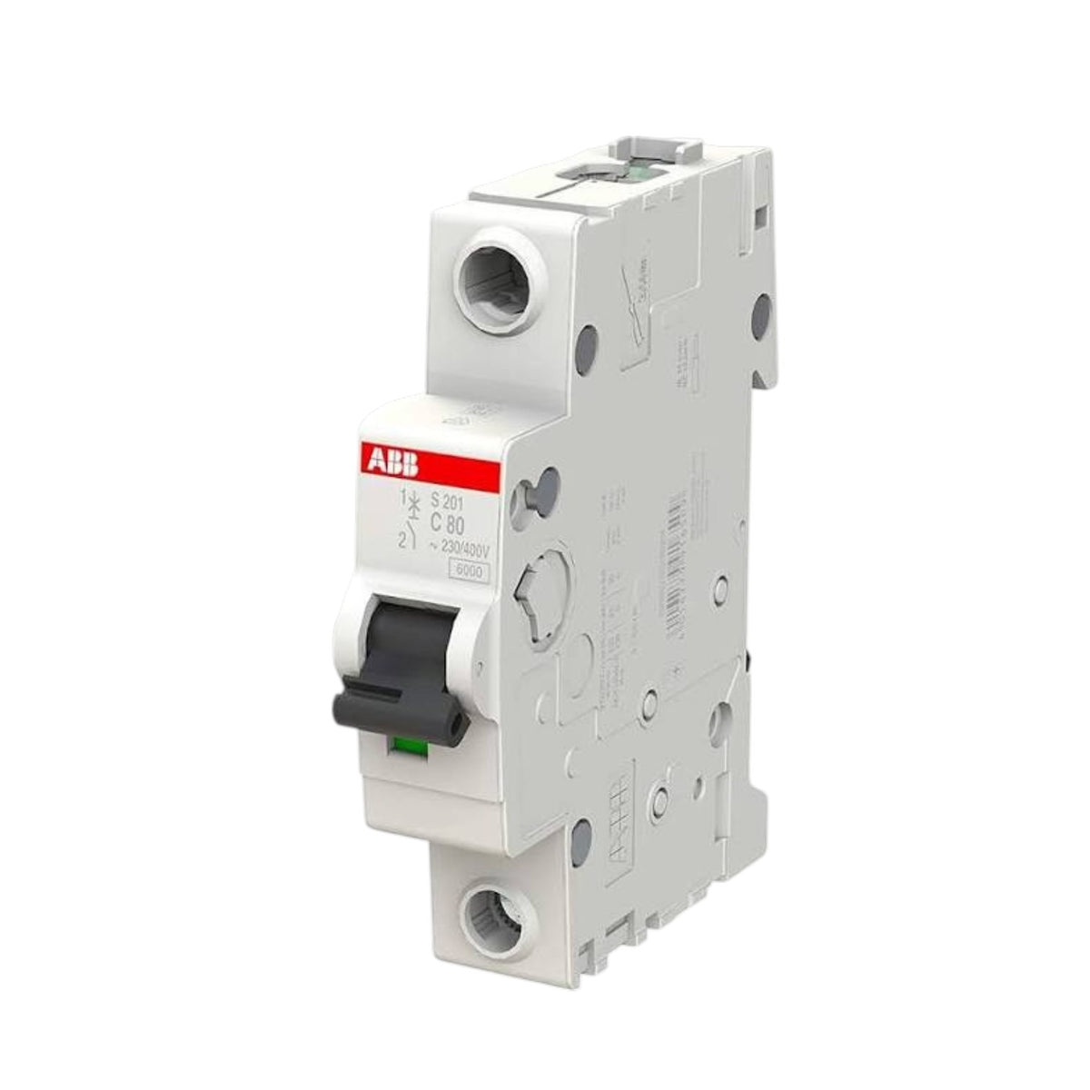 ABB C20 circuit breaker module, white plastic housing with a black switch handle and a red ABB logo label, shown on a plain white background.