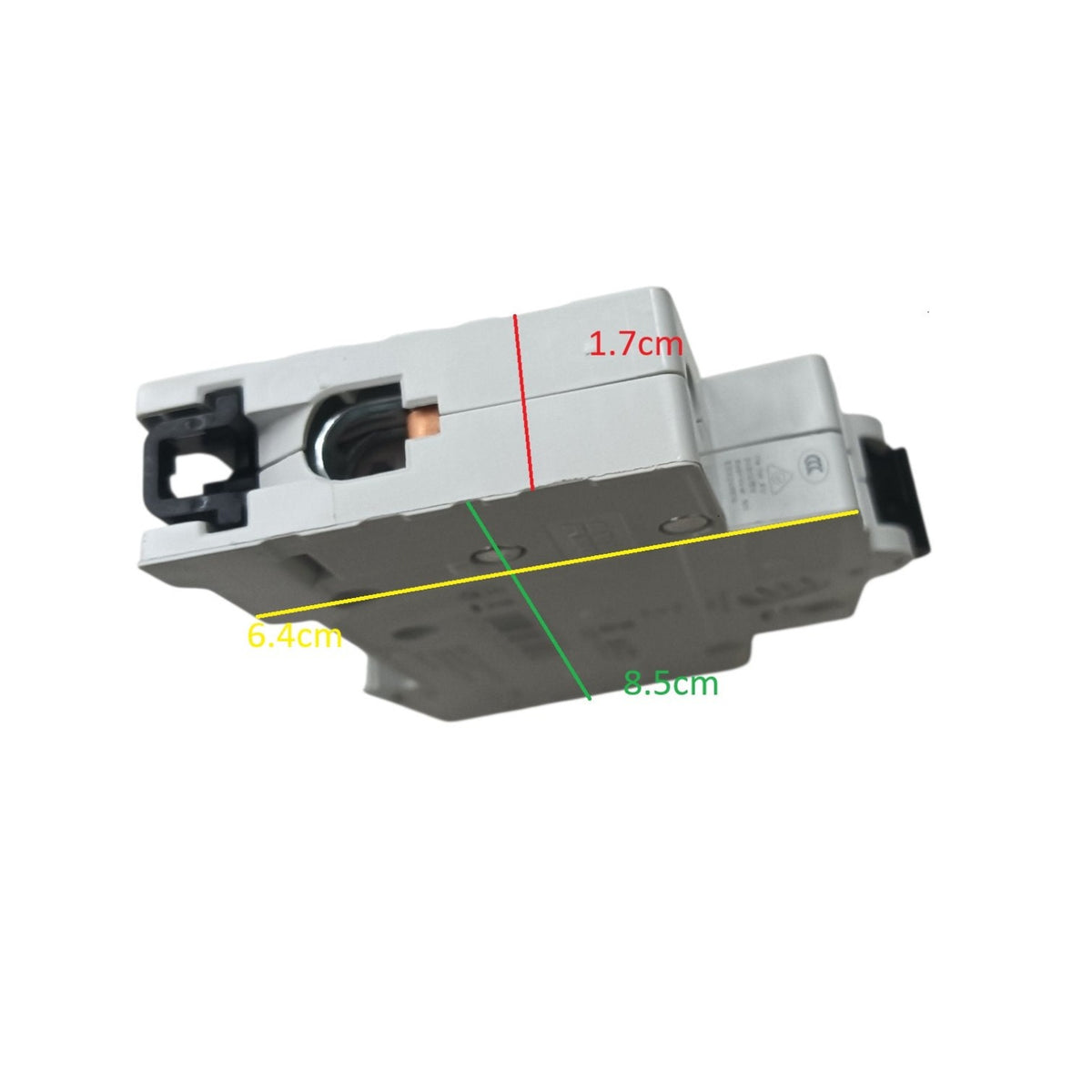 A gray electrical component with black connectors, overlaid with dimension lines and measurements in centimeters (6.4cm, 8.
