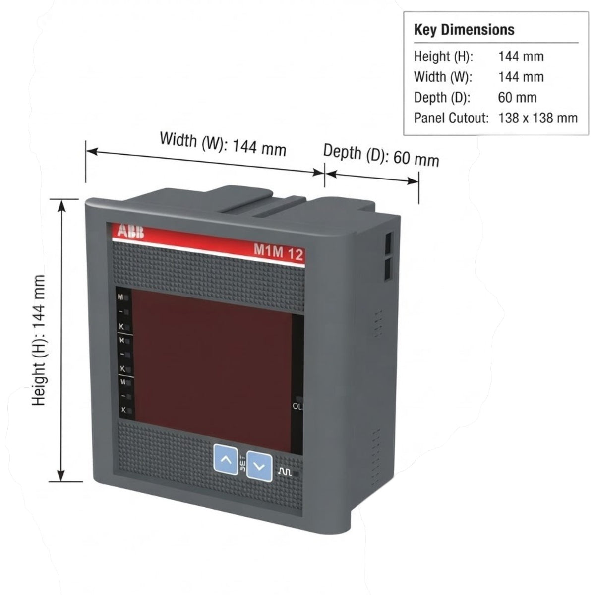 ABB M1M 12 analog input module shown on a white background with dimension annotations and a key dimensions table in the top right.