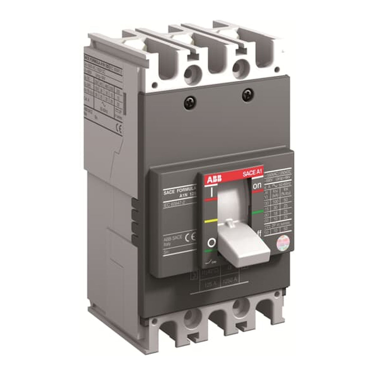 An ABB circuit breaker with a dark gray front panel, a silver handle, and silver terminal blocks at the top and bottom, shown on a plain white background.