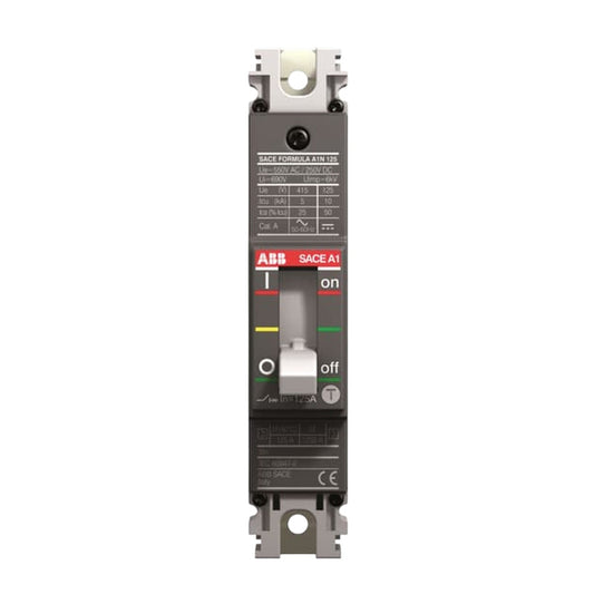 ABB SACE1 SAE 230V AC circuit breaker with a dark gray plastic housing, white terminal blocks, and a central switch handle showing 'on' and 'off' positions.