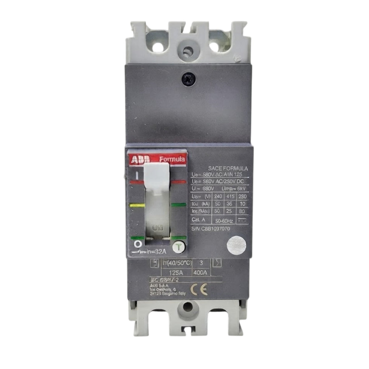 An ABB Formula SACEFORMULA circuit breaker, model Q3F 63P/2, featuring a dark gray plastic housing, a silver metal top and bottom mounting brackets, and a red, white, and green front switch module.
